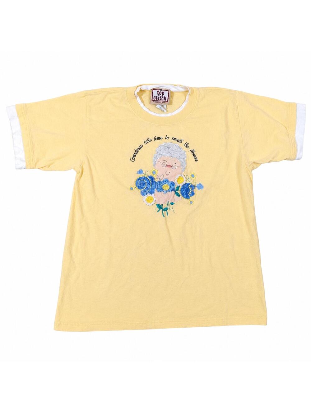 Top Stitch Floral Graphic T-Shirt Yellow Y2K Cotton Vintage Tee Medium Size M CA